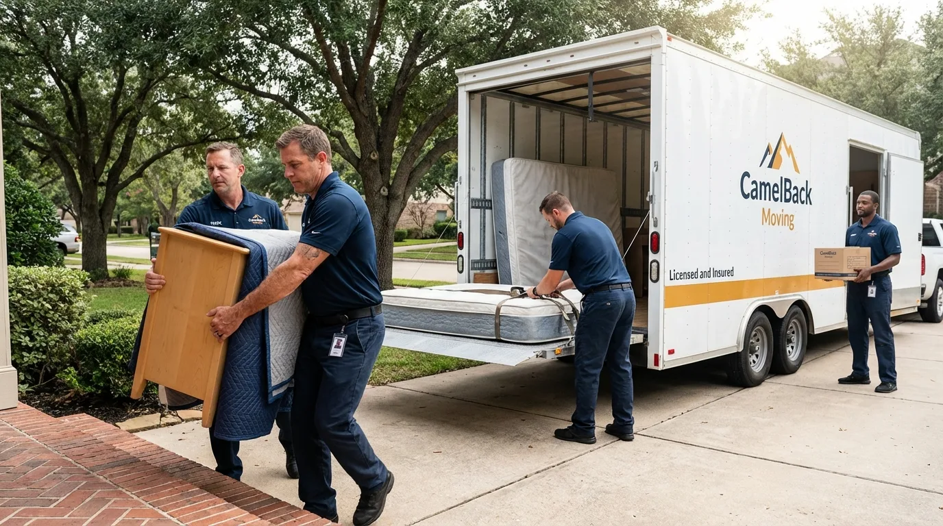 Crew loading residential truck for cross-state move from Krebs, OK
