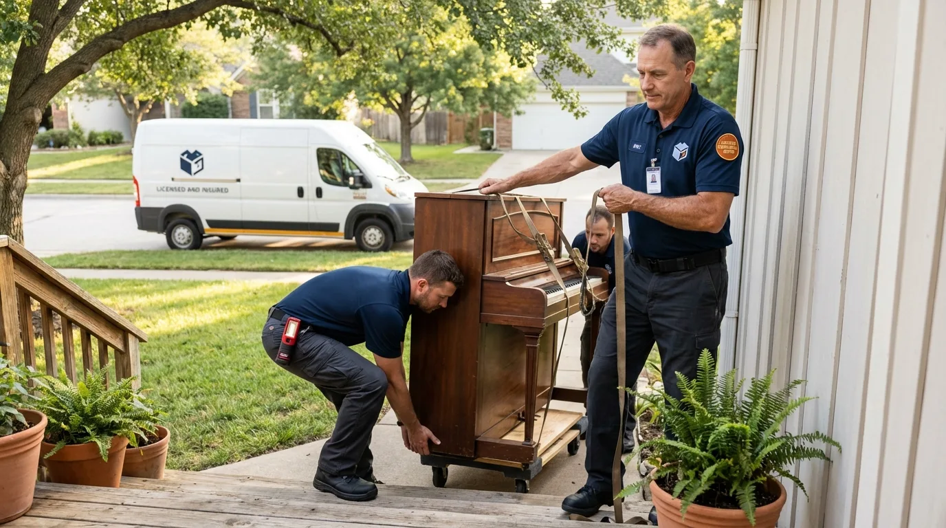 Licensed piano movers securing grand piano in Krebs, OK