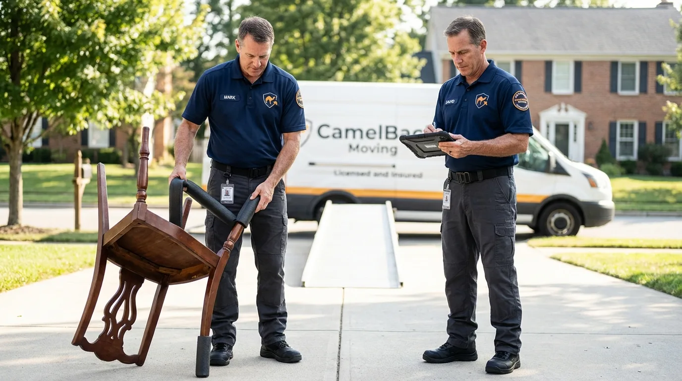 Movers inspecting furniture for damage prevention before loading in Krebs, OK