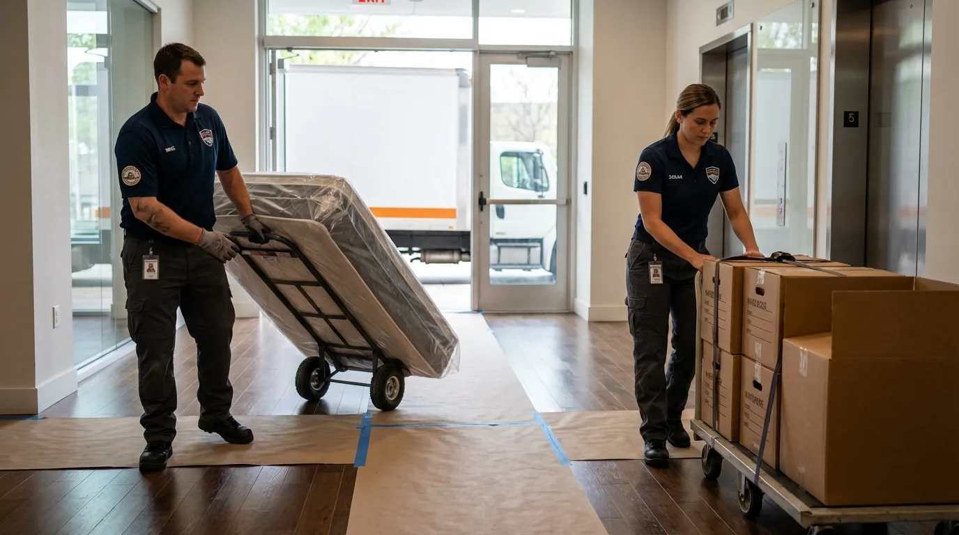 Professional apartment movers loading elevator in Krebs, OK