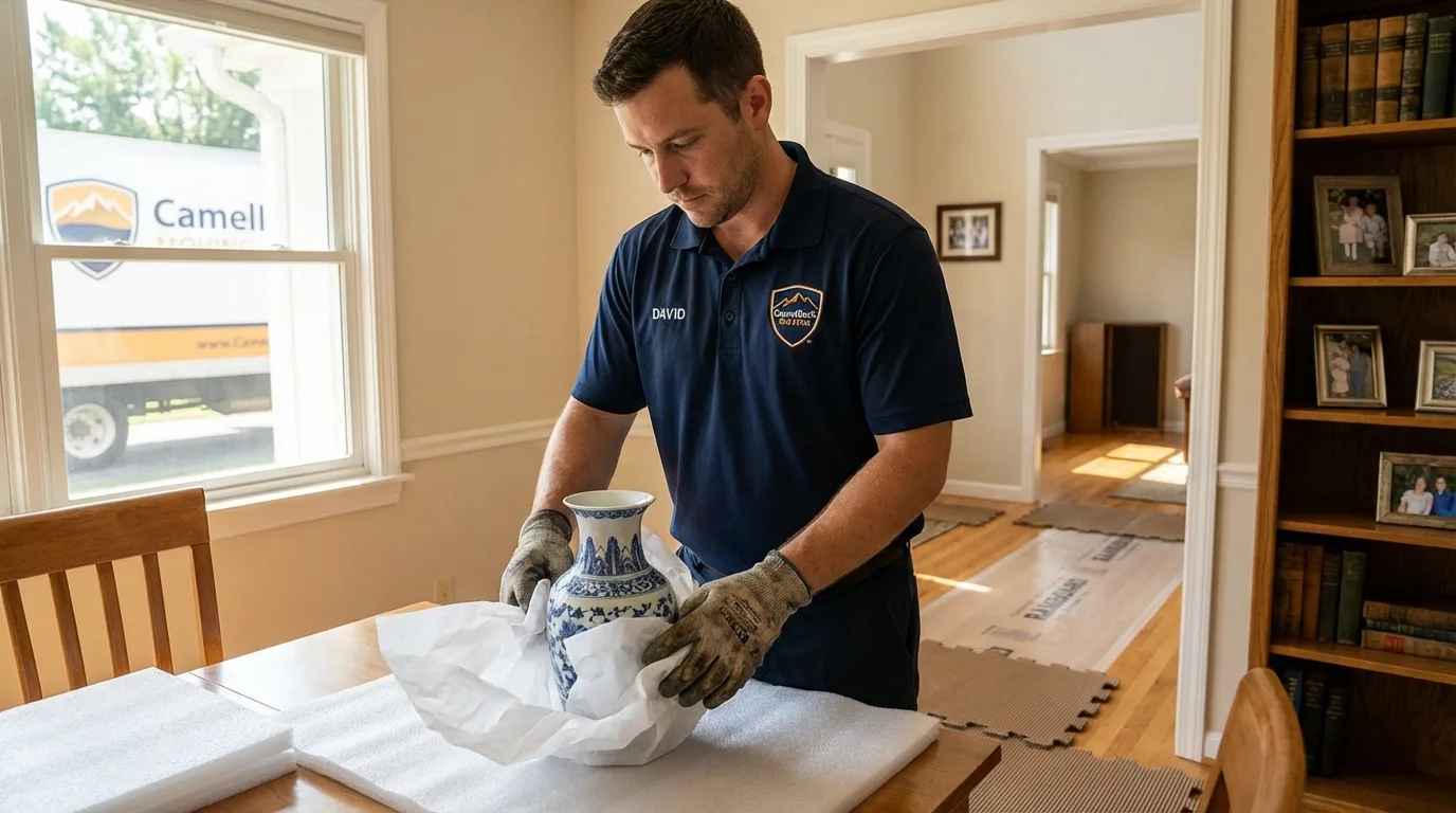 Professional crew carefully wrapping antique vase for senior downsizing move in Krebs, OK