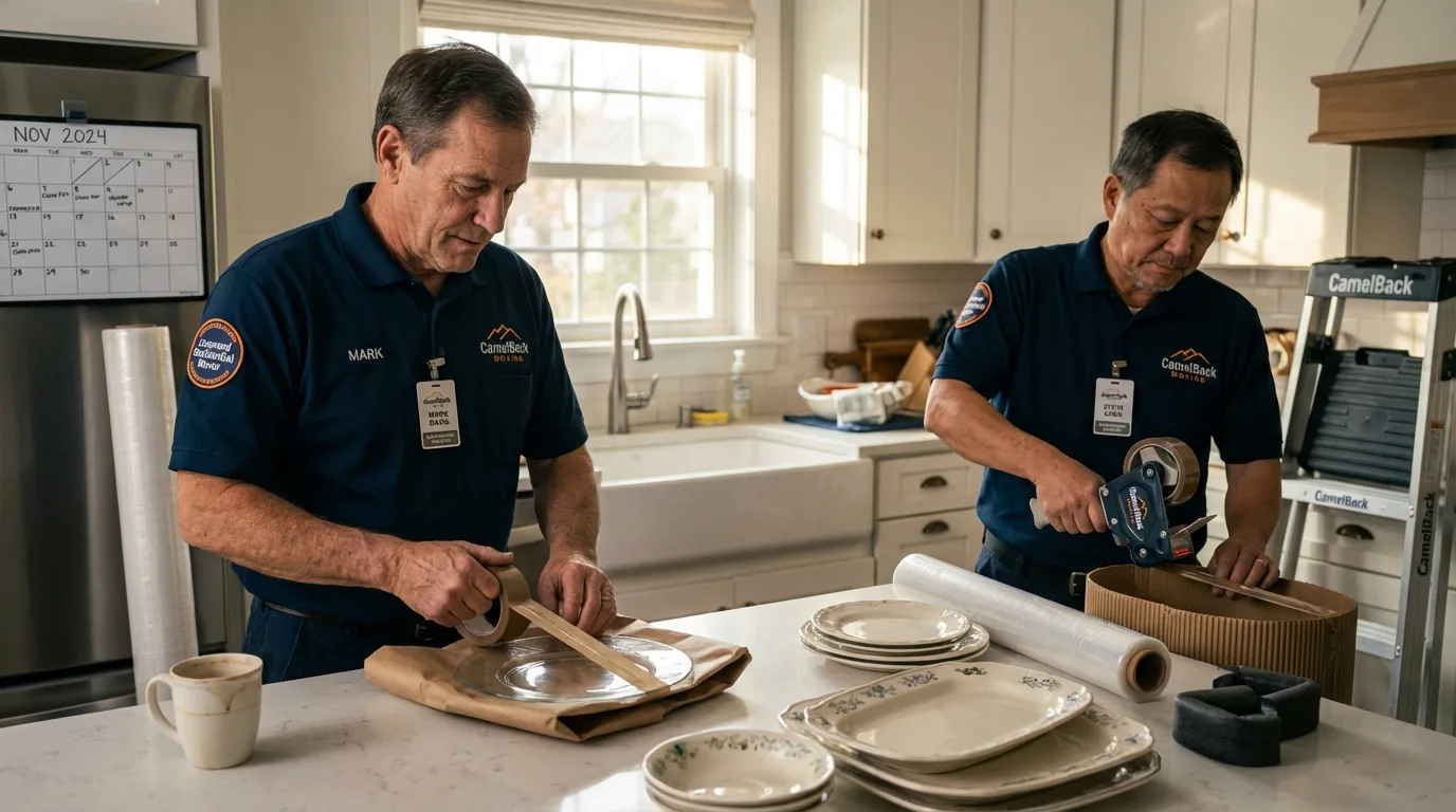 Professional crew packing kitchen dishware in Krebs, OK